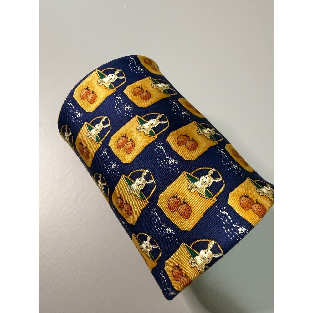 Tanago Monsieur Vintage Silk Tie Navy Blue Rabbit Strawberry Basket Print France